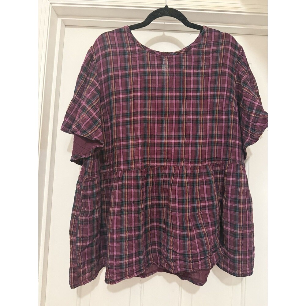 Terra & Sky Purple Plaid Peplum Blouse  2x Short Sleeve Boho Relaxed Babydoll